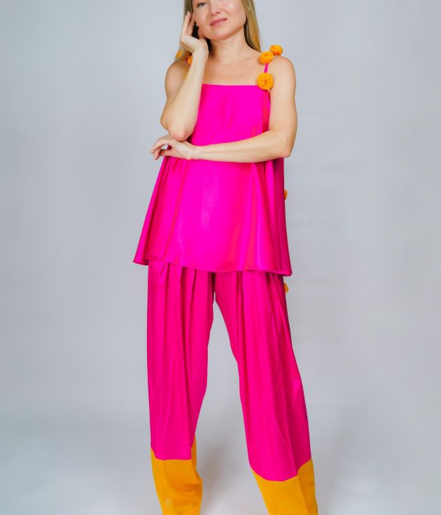 Hot Pink Silk Sleeveless Top & Colorblock Wide-Leg Pants Co-ord Set with Pom-Pom Detail
