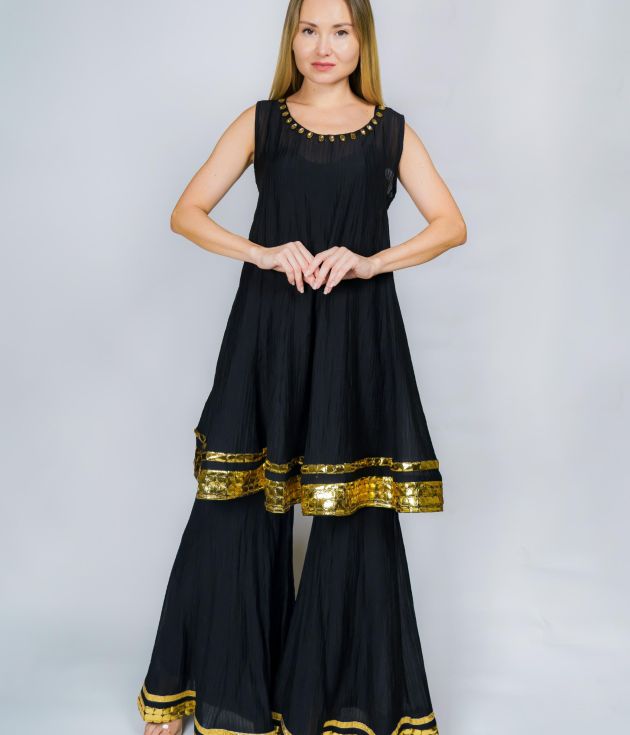 Black Sleeveless Kurti with Gold Zari Border & Sharara Set
