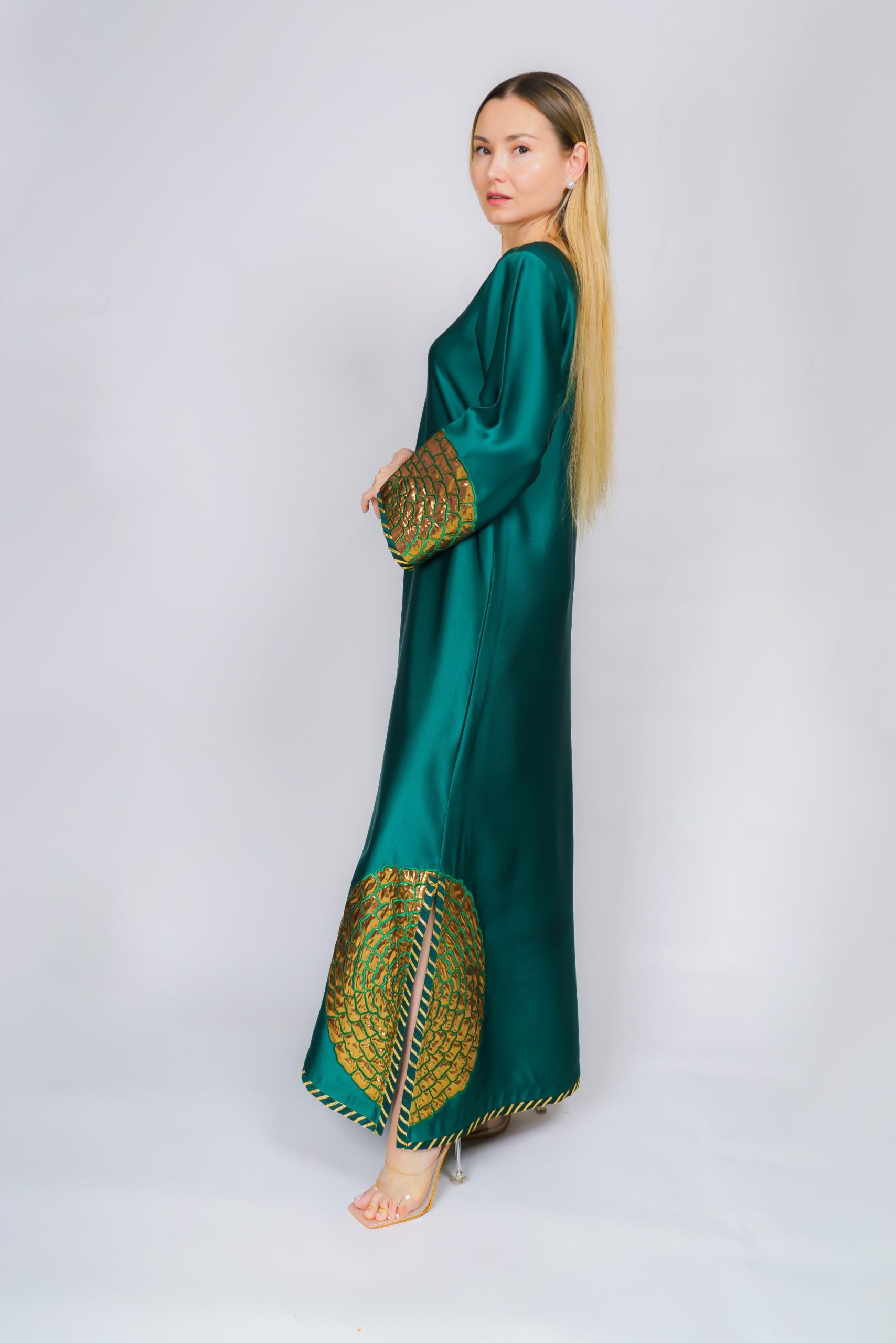 Emerald Green Satin Silk Kaftan Maxi Dress with Metallic Gold Work - Image 2