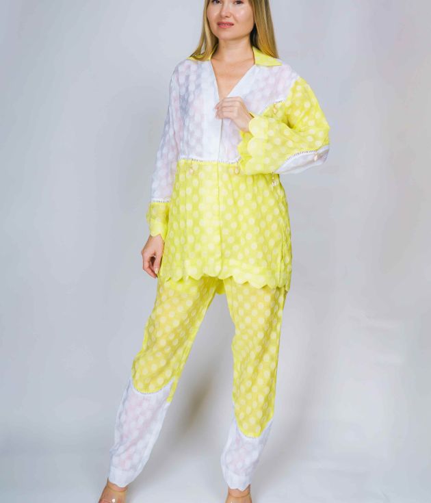 Yellow and White Polka Dot Top and Pants Set