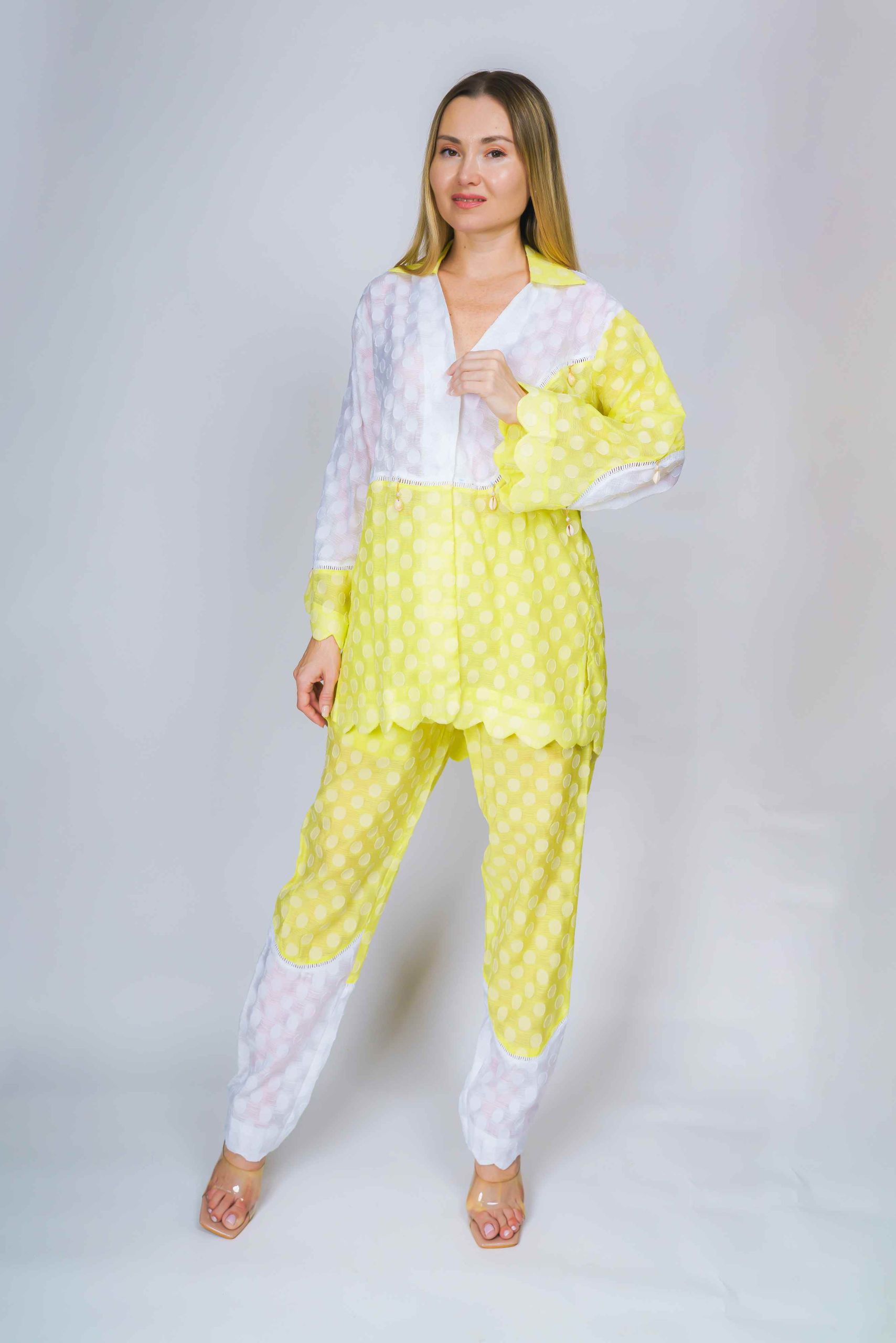 Yellow and White Polka Dot Top and Pants Set