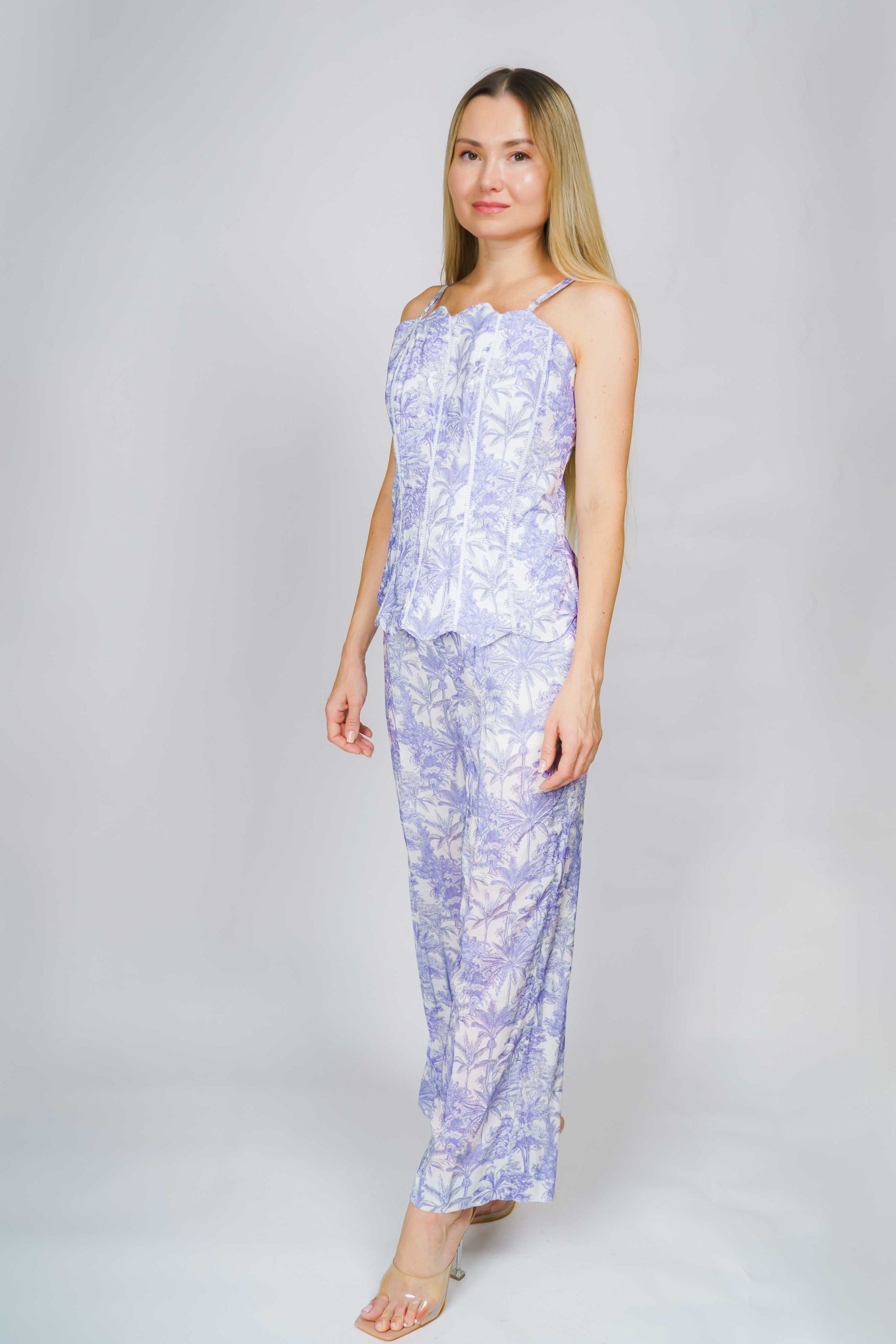Lavender Floral Print Linen Corset Top & Straight-Leg Trousers Co-ord Set - Image 3