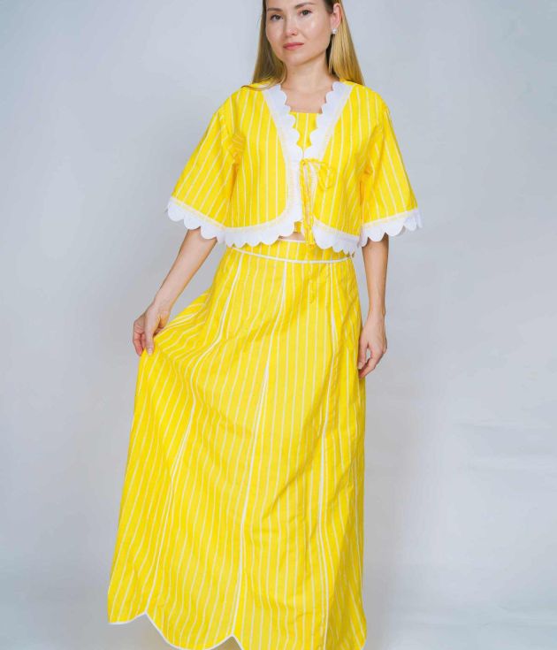 Bright Yellow Striped Short Jacket & Flared Skirt 3-Piece Co-ord Set with Scalloped Border