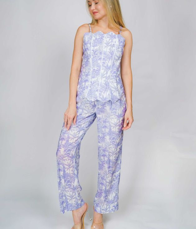 Lavender Floral Print Linen Corset Top & Straight-Leg Trousers Co-ord Set
