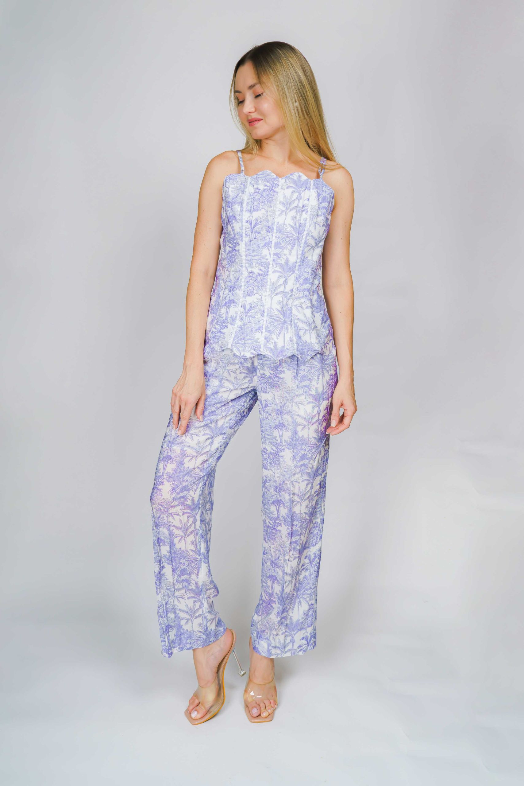 Lavender Floral Print Linen Corset Top & Straight-Leg Trousers Co-ord Set