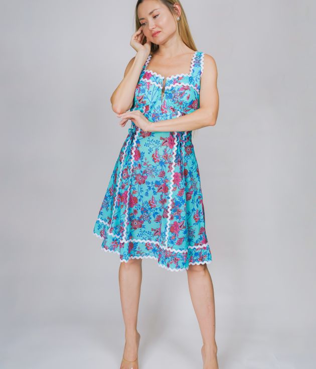 Turquoise Blue Floral Print Cotton Sundress with Scalloped Lace Trim