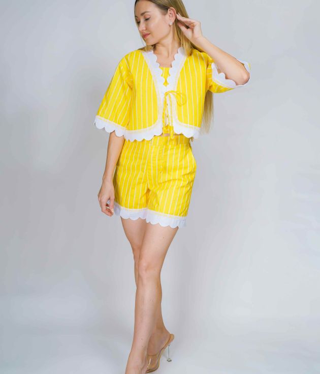 Luxury Yellow Striped Short Jacket & High-Waisted Shorts Co-ord Set