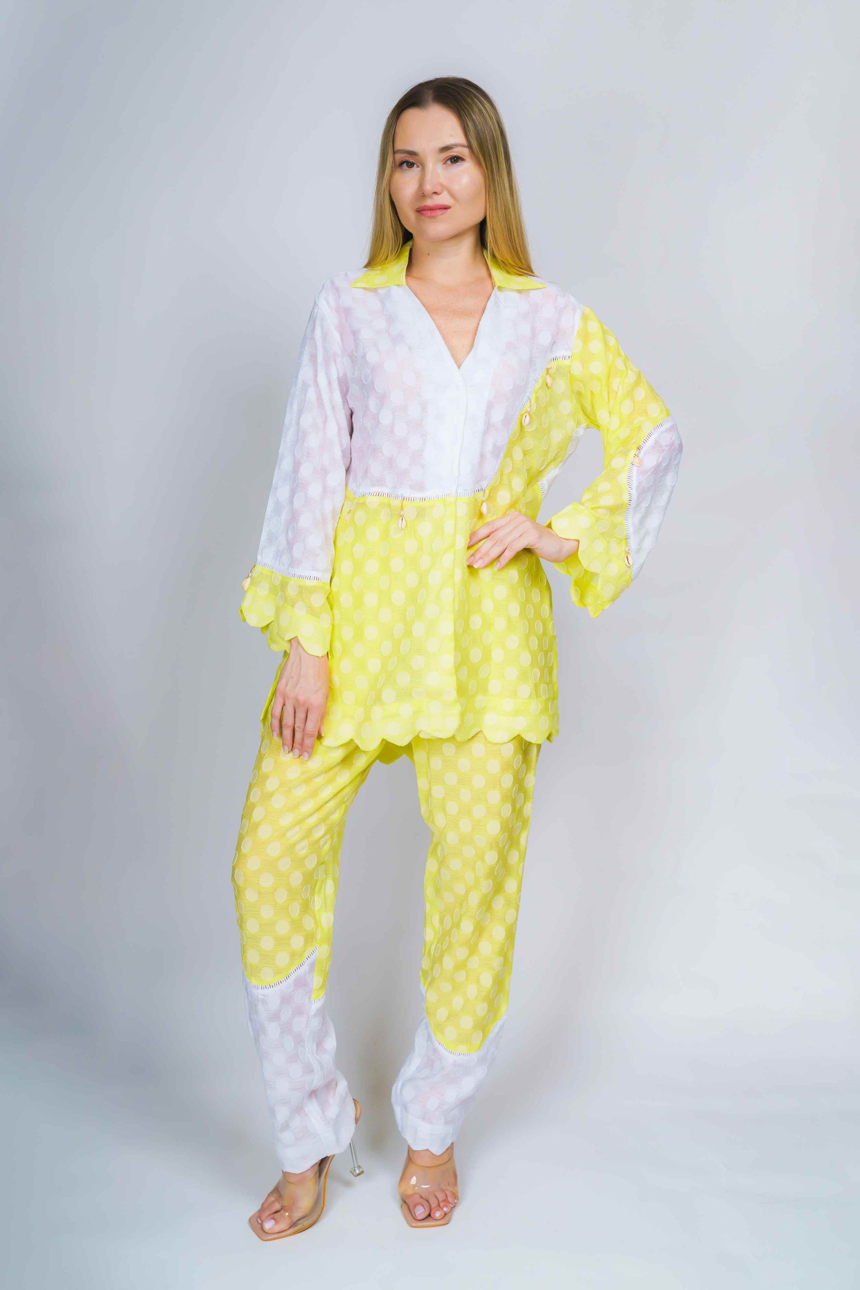 Yellow and White Polka Dot Top and Pants Set - Image 3