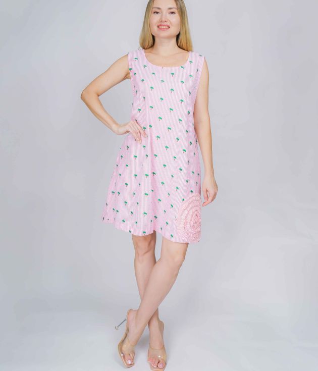 Pink Cherry Print Sleeveless Dress with 3D Flower Detail