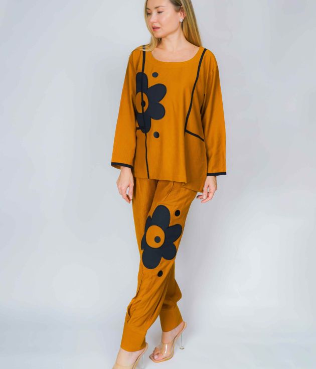 Mustard Yellow Flower Print Top and Pants Set