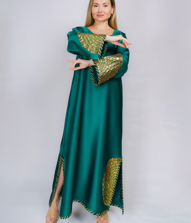 Emerald Green Satin Silk Kaftan Maxi Dress with Metallic Gold Work