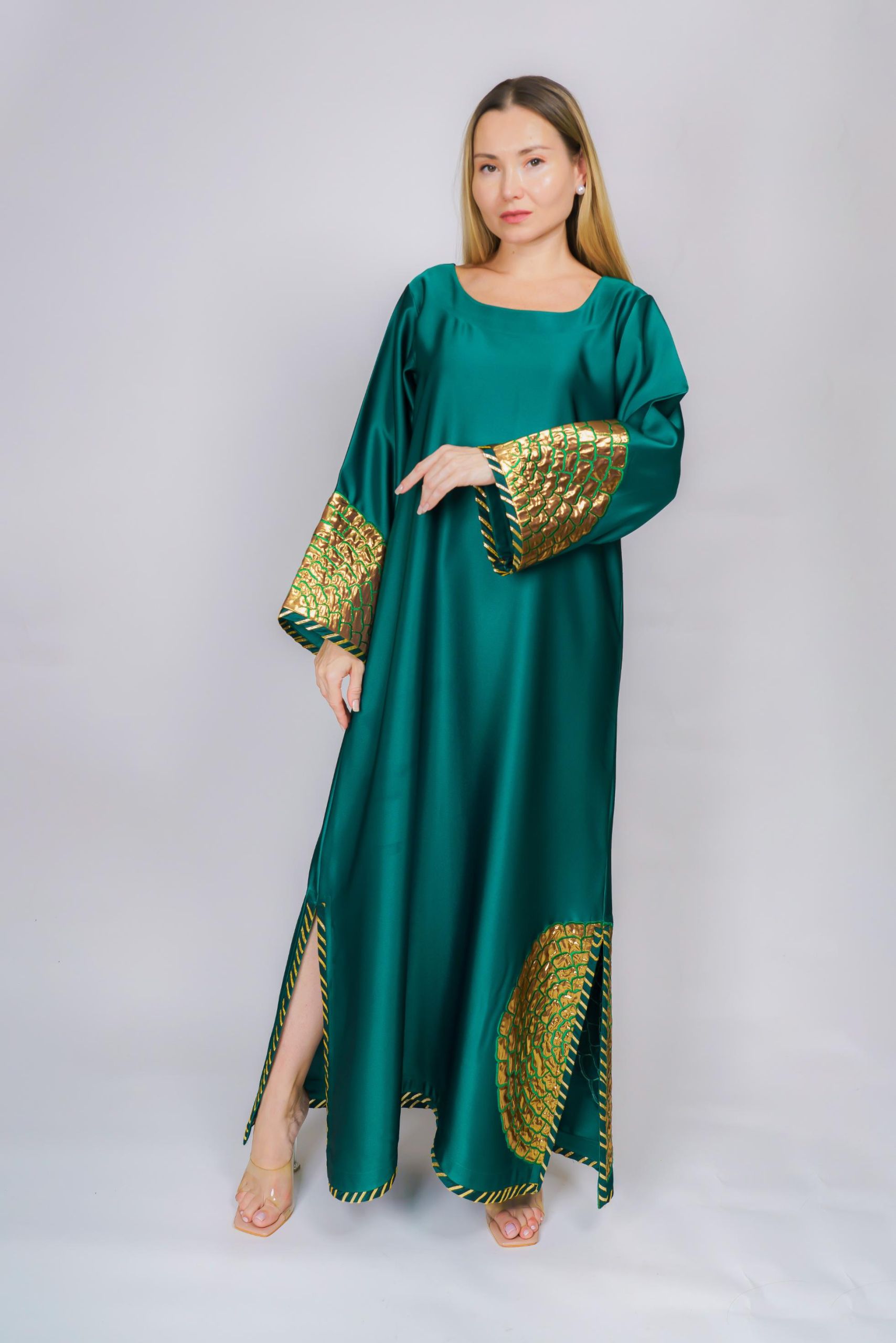 Emerald Green Satin Silk Kaftan Maxi Dress with Metallic Gold Work - Image 3
