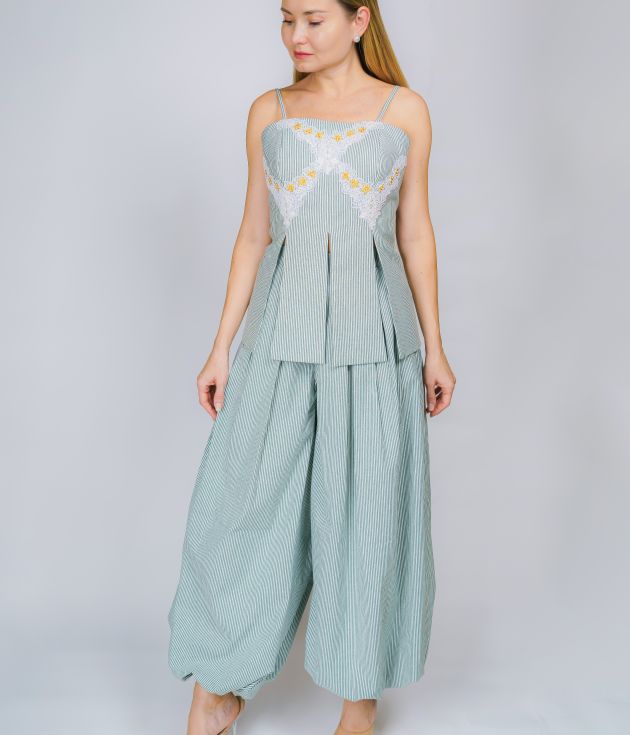 Sage Green Striped Bustier Top & Dhoti Pants Co-ord Set