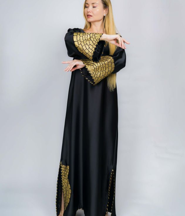 Couture Black Silk Kaftan Dress with Gold Embroidery